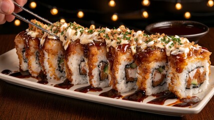 Delicious Crispy Sushi Rolls with Sauce and Garnish Served on a White Plate