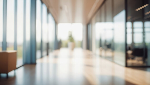 Sunlight streaming through glass windows in a modern office. Premium background for banners, social media posts and posters.