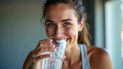 a smiling woman drinking water from a clear glass, radiating health and well-being © Asawin