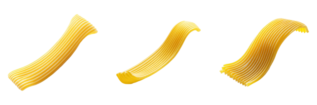 Triptych of golden pasta ribbons.