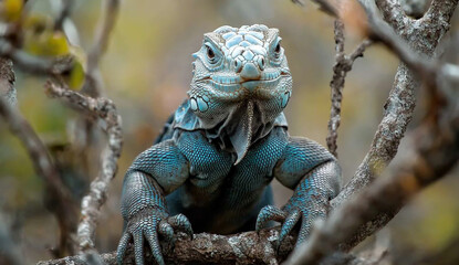 Fototapeta premium Photo of an iguana with blue and green scales, sitting on a branch in its natural habitat.