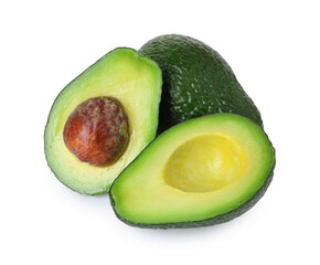 Whole and cut avocados isolated on white