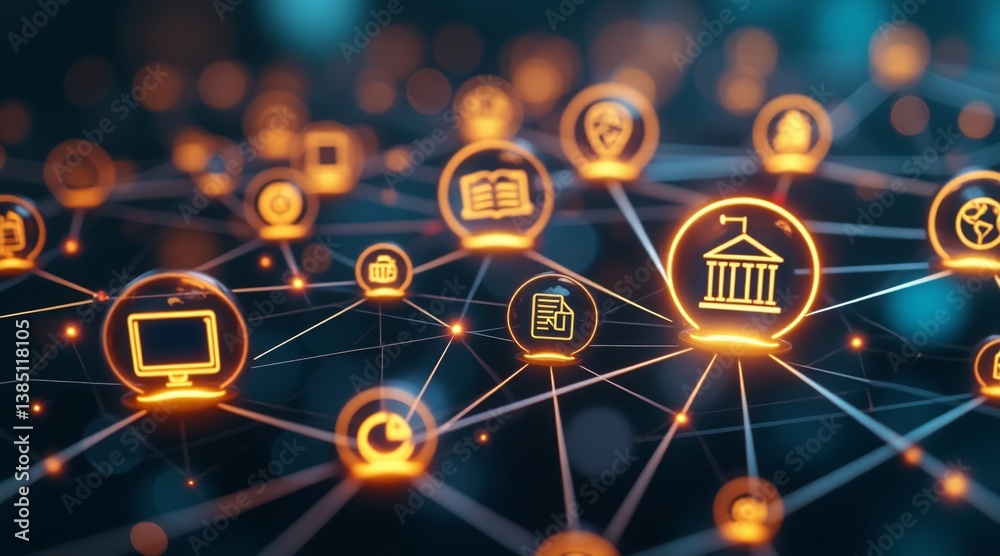 Poster a vibrant digital network of interconnected icons representing various sectors like education, techn