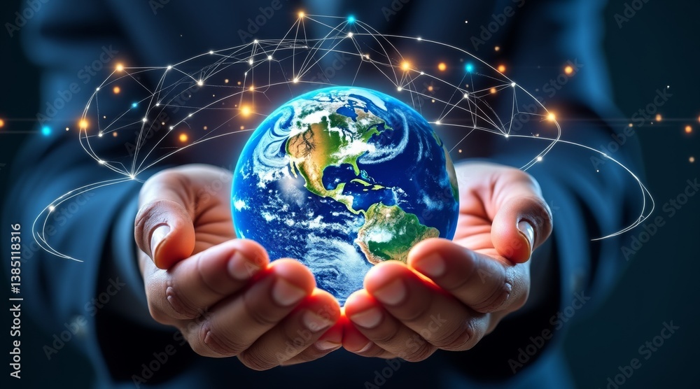 Aufkleber A person holds a glowing globe, symbolizing global connectivity and technology, surrounded by abstract lines and lights.