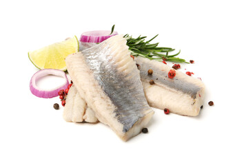 Marinated herring fillets with rosemary, onion rings, peppercorns and lime isolated on white