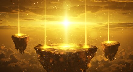 Golden Floating Islands with Light Beams, Fantasy Landscape