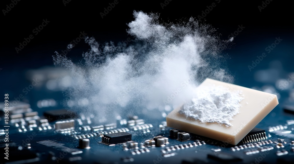 Poster Close-up view showcases a fractured microchip enveloped in frost-like particles against a cold-toned circuit board, highlighting a dramatic technical failure