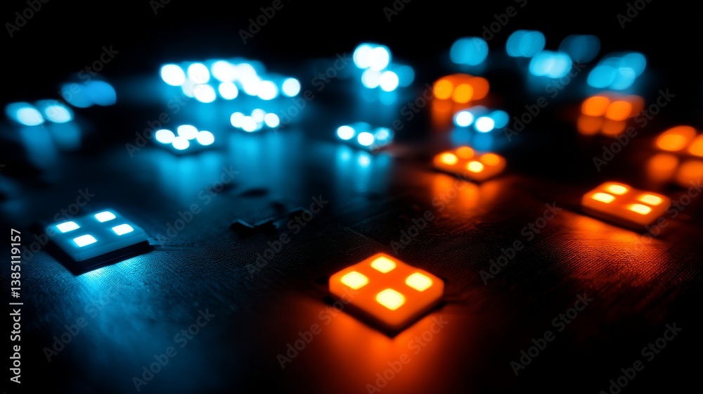 Poster close-up shot features a circuit board illuminated by blue and orange leds, highlighting intricate m
