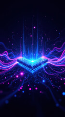 Digital illustration of a cybernetic shield with vibrant neon lights against dark backdrop.