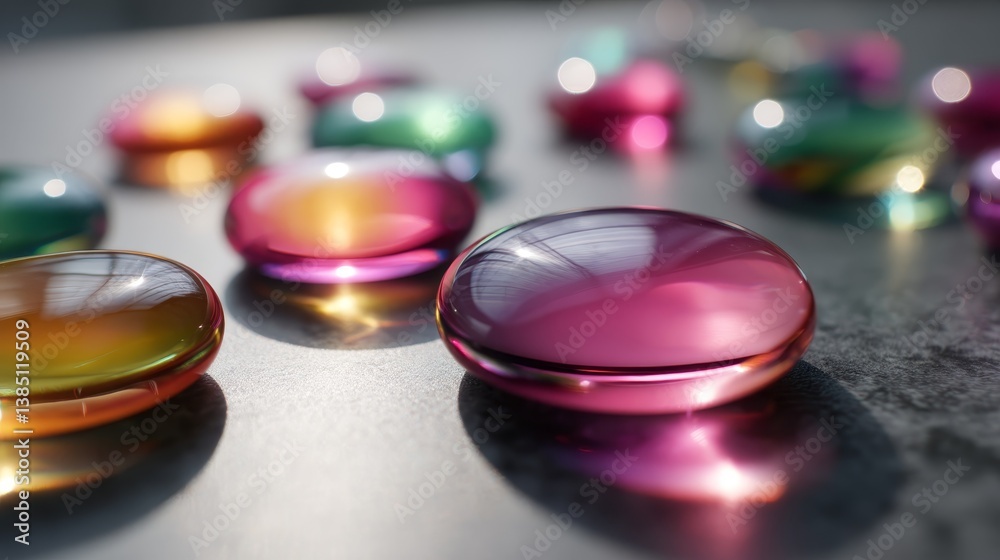 Poster close-up view of iridescent glass sculptures capturing sunlight to create vibrant reflections and co