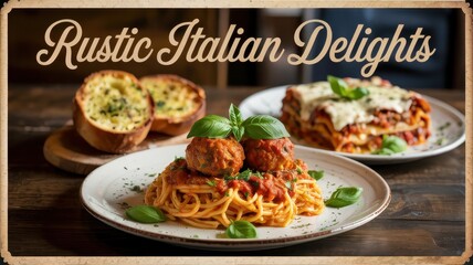 Rustic Italian Cuisine with Spaghetti, Meatballs, and Garlic Bread