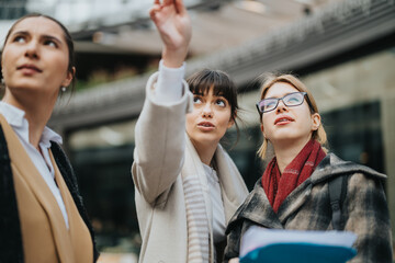 Three businesswomen engaging in discussion outdoors, emphasizing teamwork, communication, and...
