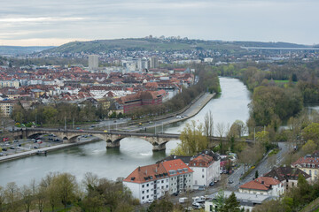View to the bridge called Loewenbruecke in the german city called Wuerzburg