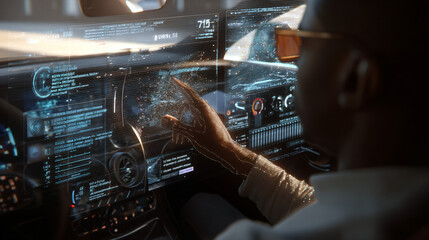 Augmented reality dashboard with businessman swiping through transparent digital statistics and flowing code  