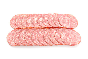 Slices of tasty smoked sausage on white background