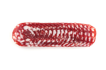 Slices of tasty smoked sausage on white background, top view