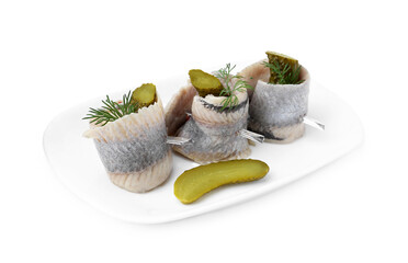 Delicious herring rolls with pickles and dill isolated on white