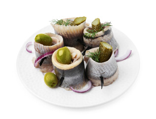 Delicious herring rolls with olives, pickles, dill and onion isolated on white