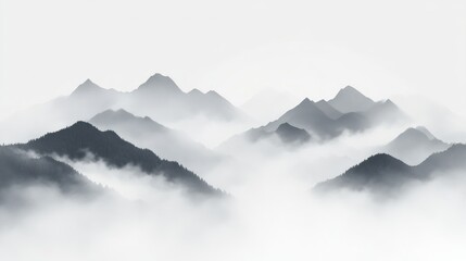 Misty mountain range, serene landscape, monochrome