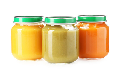 Baby food. Tasty puree in glass jars isolated on white