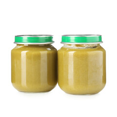 Baby food. Tasty puree in glass jars isolated on white