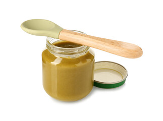 Baby food. Tasty puree in glass jar and spoon isolated on white