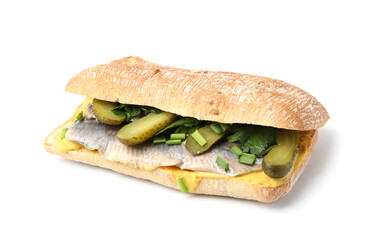 Tasty sandwich with herring, pickles, green onions and parsley on white background