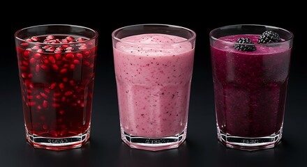 Three glasses of healthy smoothie drinks - pomegranate, berry