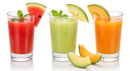Refreshing melon juice drinks with mint, watermelon, cantaloupe, honeydew