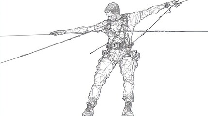 Lineworker balancing on high-tension wires, outdoor sketch