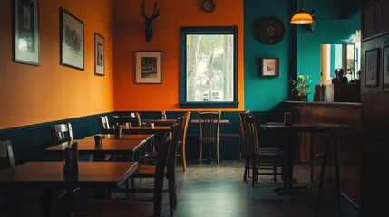 Vibrant cafe interior, warm colors, urban setting, perfect for a relaxing break