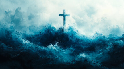 Naklejka premium Christian cross rising from stormy ocean waves with dramatic light