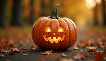 Glowing carved pumpkin with a spooky sparkling face on a pathway surrounded by autumn leaves for Halloween and fall decorations