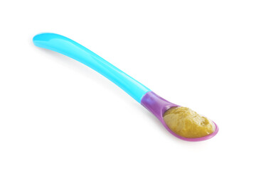 Baby food. Tasty puree in spoon isolated on white