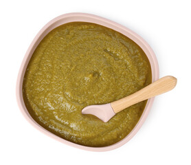 Baby food. Tasty puree in bowl and spoon isolated on white, top view