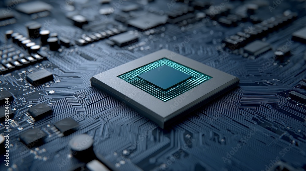 Poster Detailed look at a circuit board with a glowing GPU surrounded by complex pathways and capacitors, emphasizing the sophistication of contemporary electronic technology