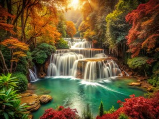 Obraz premium Explore the timeless beauty of Huai Mae Khamin Waterfall in classic Thai landscape photography.