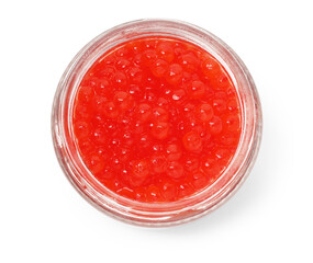 Delicious red caviar in jar isolated on white, top view
