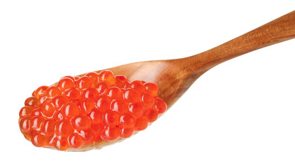 Spoon with delicious red caviar isolated on white