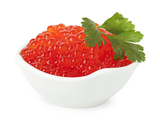 Delicious red caviar with parsley in bowl isolated on white