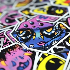 Colorful cartoon stickers pile, close-up, vibrant background, merchandise