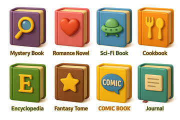 Colorful 3d icons of diverse book genres: mystery, romance, sci-fi, and more