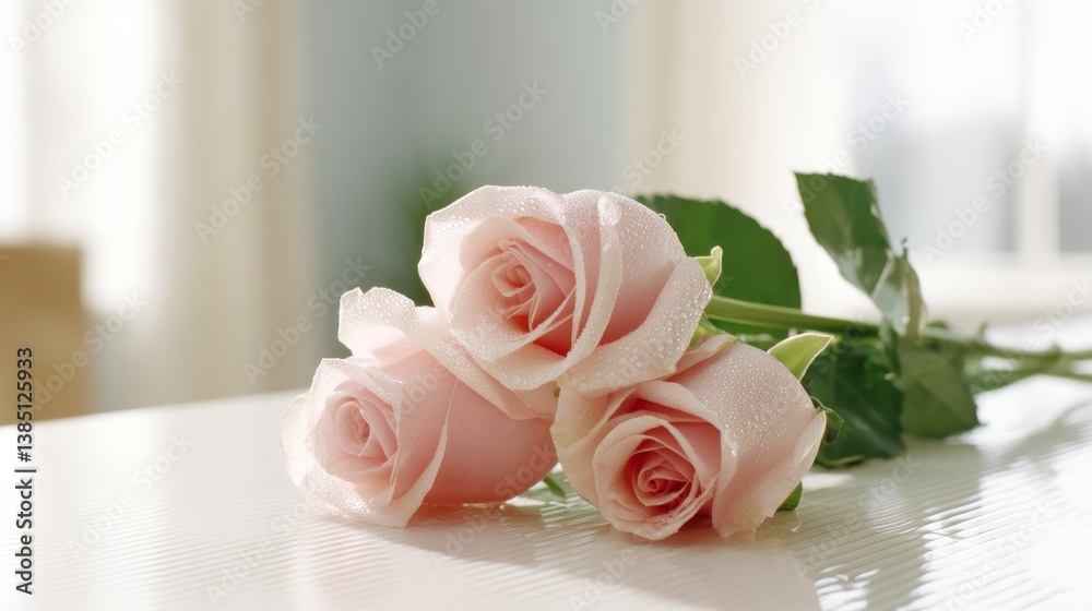 Poster two pink roses rest with dewdrops on their delicate petals, illuminated by natural light that emphas