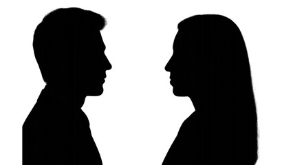 Minimalist silhouette illustration of a man and a woman facing each other in side profile. The grey silhouettes on a white background create a clean and modern aesthetic, ideal for concepts related to