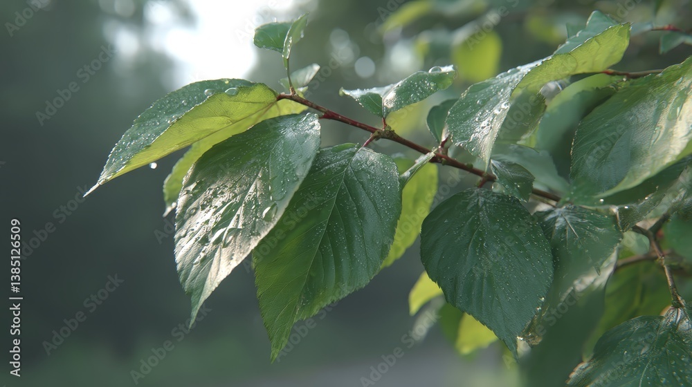 Aufkleber dew-covered green leaves are beautifully illuminated by soft sunlight, creating a serene atmosphere 
