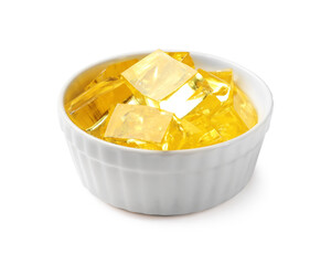 Tasty yellow jelly cubes isolated on white