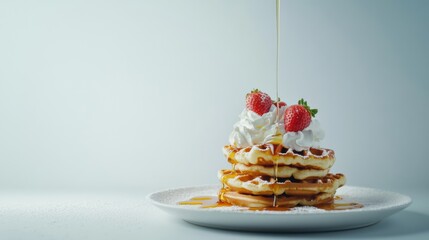 A breakfast scene with a stack of waffles topped with whipped cream and strawberries. Featuring indulgence and coziness