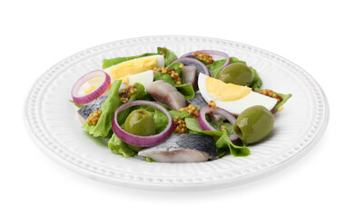 Delicious salad with herring, egg, mustard and vegetables on white background