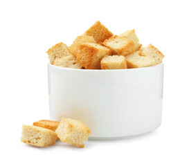 Delicious crispy croutons in bowl isolated on white