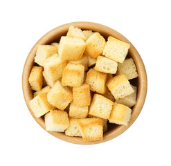 Delicious crispy croutons in bowl isolated on white, top view